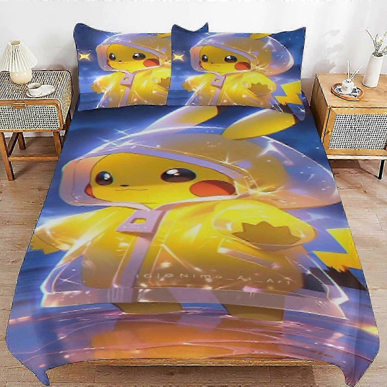 n2074 Lençóis Pi - chu Capa de Edredão de Cama de Microfibra Roupa de Cama Se3D Impresso Leve 3 Peças Comforter Se, ams fo (1 Capa de Edredão e 2 Fronhas) Cama