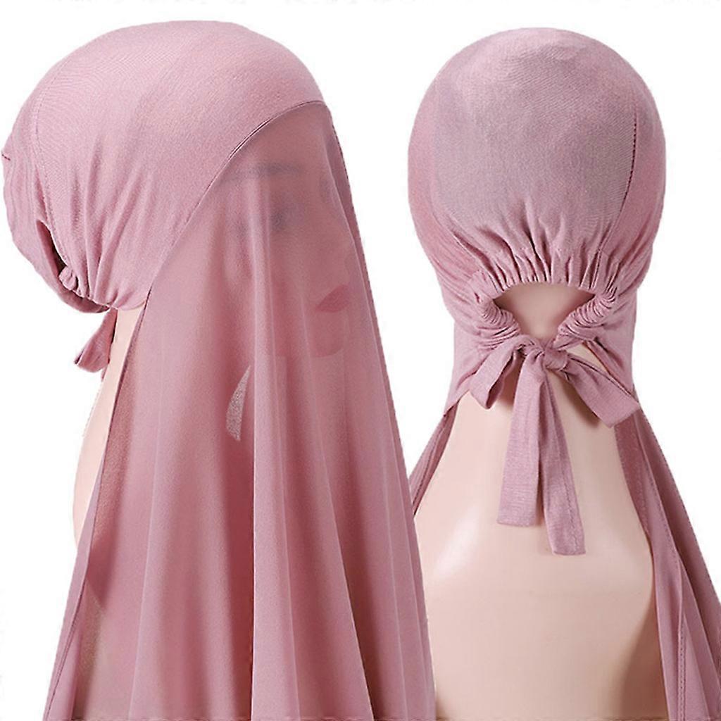 New Popular Pearl Solid Color Heavy Chiffon Hijab With Bonnet Elastic Rope Free Use Style Shawls Veil Head Covering Multicolor