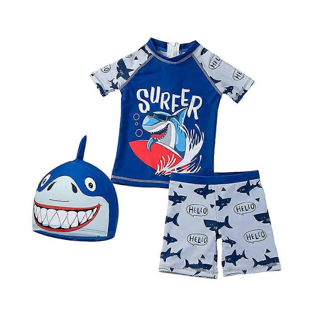 Little Boys 3 Pieces Cartoon Bathing Suit Rash Guard Set with Sun Hat, UPF 50+, Quick-Dry, Size 2T-6T