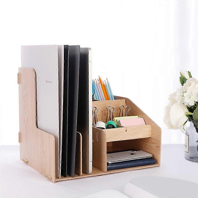 Deli Wooden File Information Shelf Stationery Shelf Bookshelf Creative Office Supplies Desktop Storage File Box Three Column Multifunction