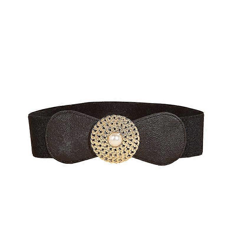 Round buckle chain-like elastic elastic waistband for women's outer suit dress pearl disk black retro belt