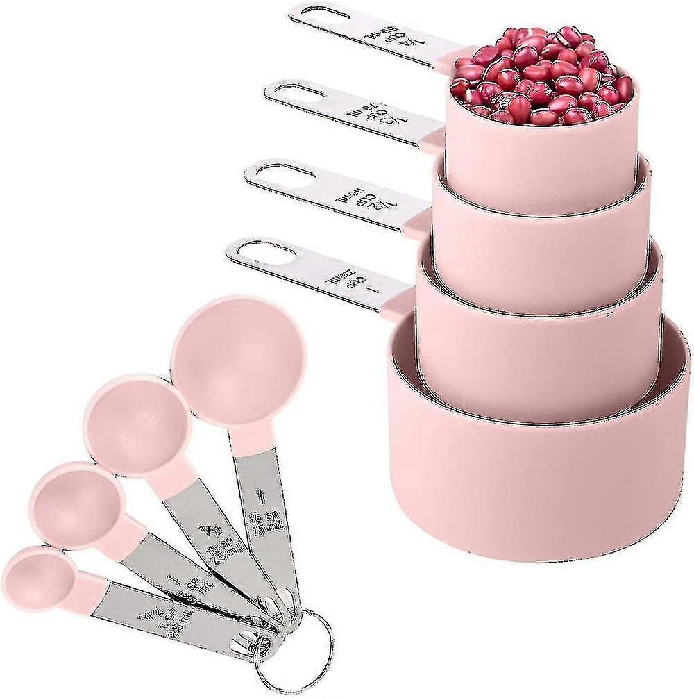 Steel Handle / 8 Pieces Measuring Cups And Spoons Set / Nesting Measuring Cups With Stainless For Dry And Liquid Ingredient (pink)