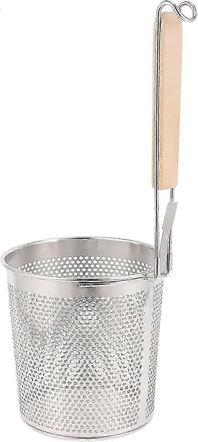 Large Round Wok Strainer Sieve Roasting Basket with Stainless Steel Construction and Wooden Handle for Heavy Boiling Use, 14 cm Size