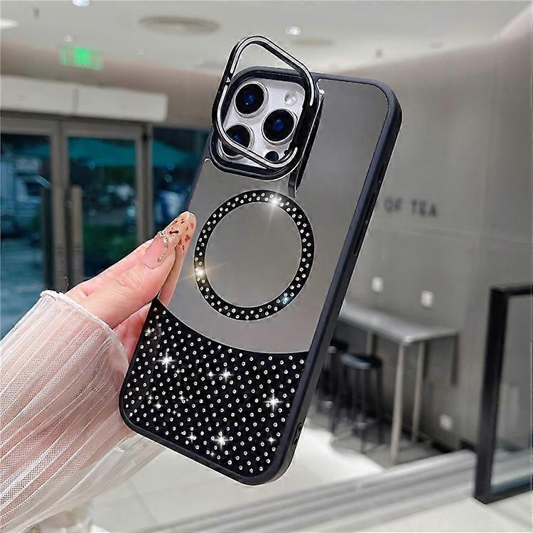 Compatible For iPhone 16 Pro Max Magnetic Case Mirror Surface TPU+PC Phone Cover with Lens Frame Kickstand