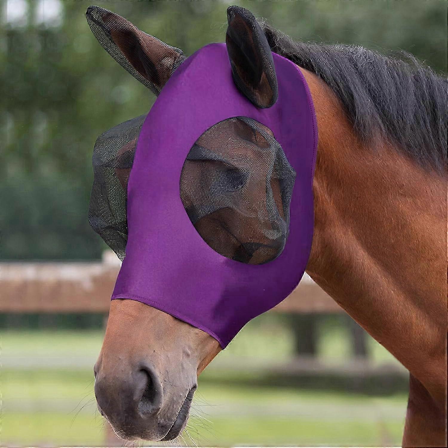 Elasticity Fly Mask for Horses, Nylon Protection Against Flies and UV Rays, Eye and Ear Protection in Purple
