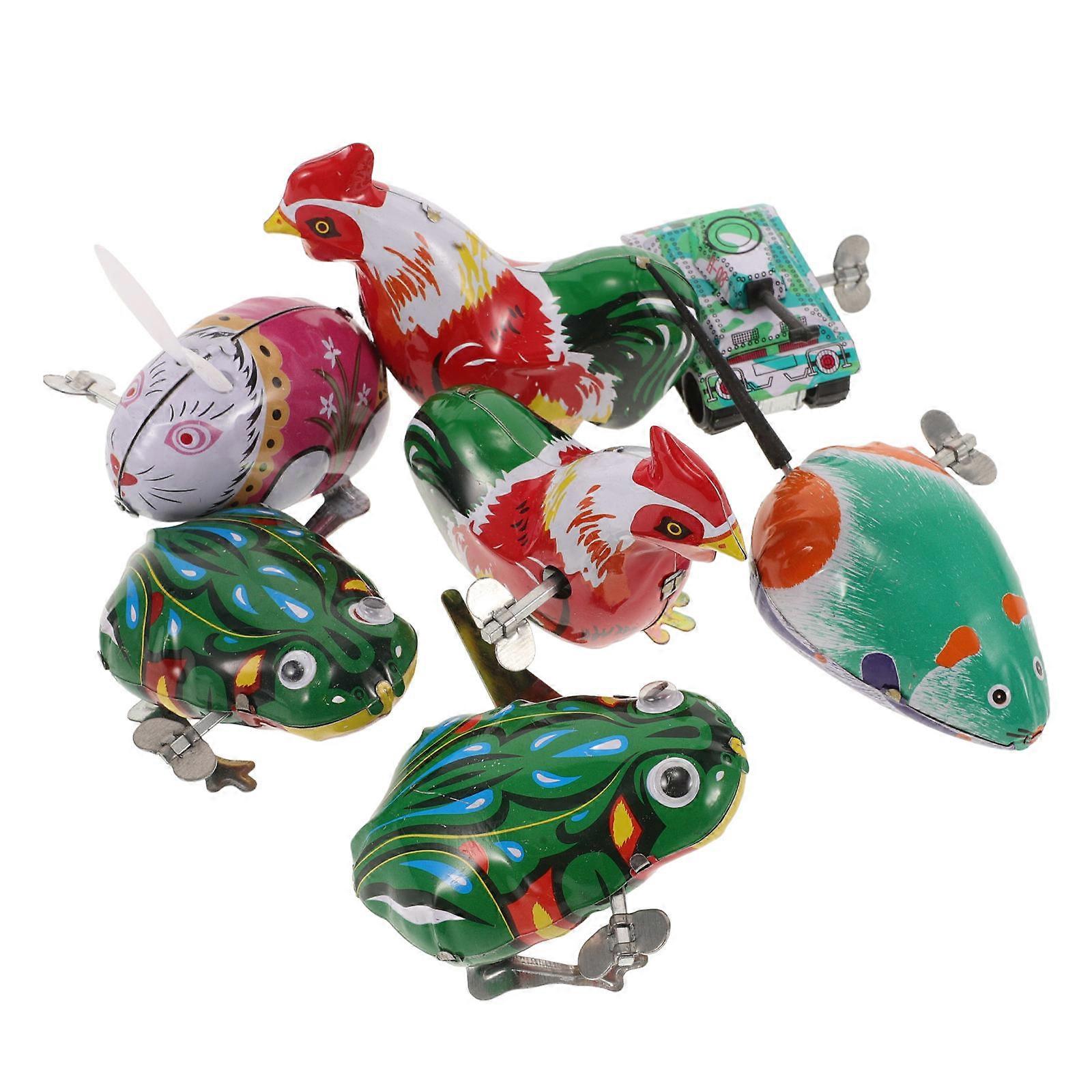 7pcs Vintage Style Sturdy Tinplate Mechanical Wind Up Toys for Hand Eye Coordination & Desktop Decoration