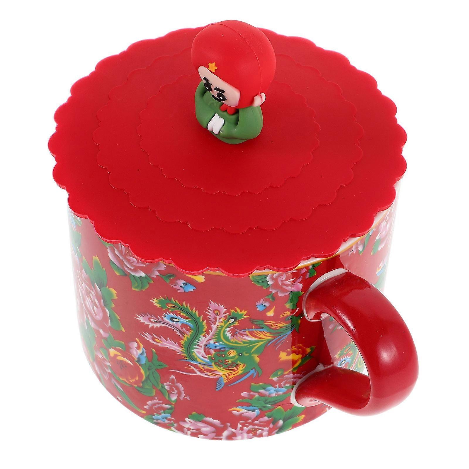 Vintage Mugs Large Capacity Ceramic Mug For Camping Travel Office Use With Handle And Lid Red Round 1Pack