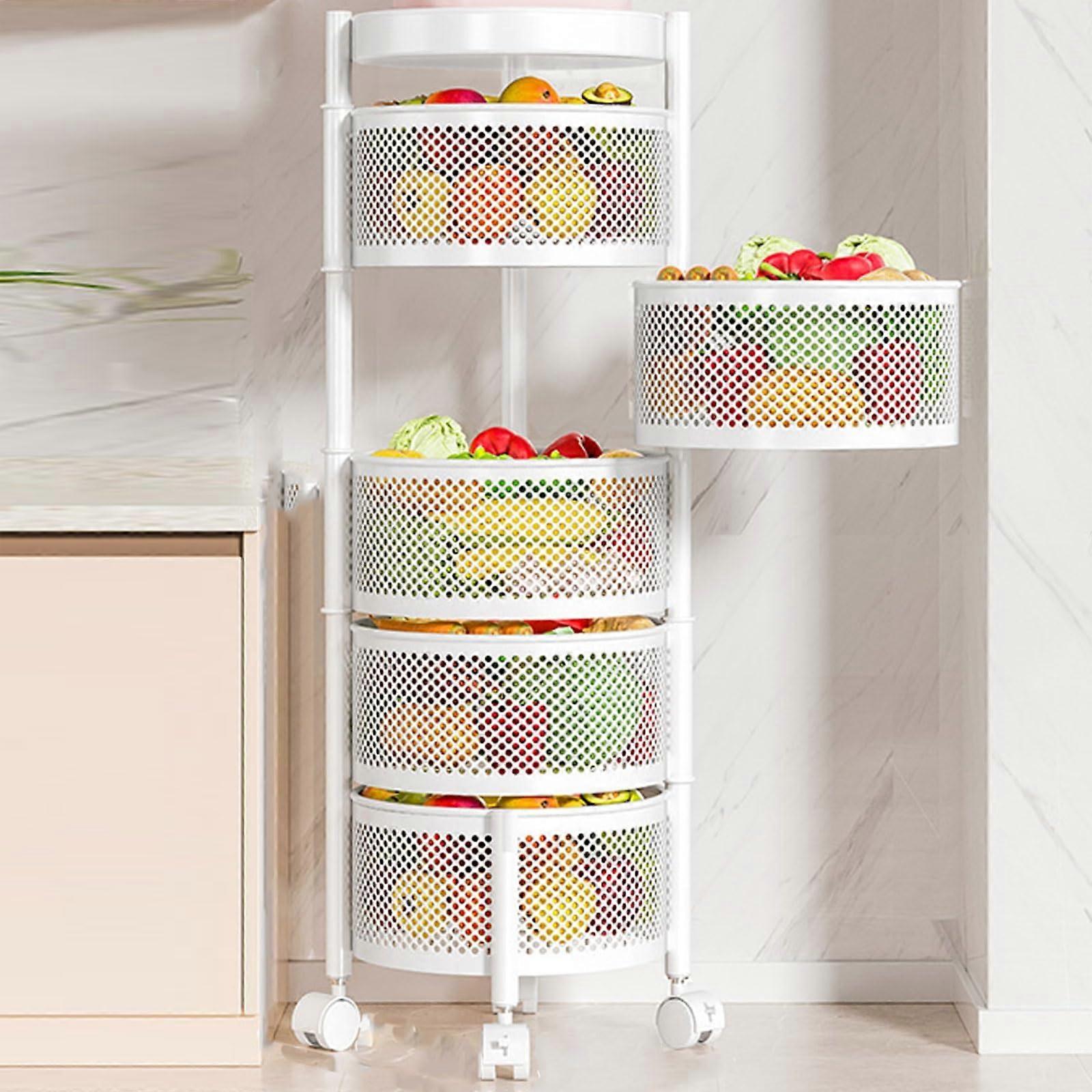 Cart with Carbon Steel Wheels, Rotatable Basket, 5-Tier, Space-Saving, Tool-Free Assembly, White, Universal Wheels