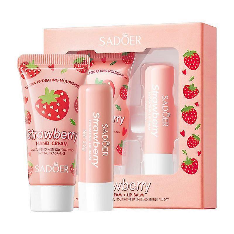 Strawberry Hand Cream & Lip Balm Set - Nourishing Moisturiser Gift Set for Dry Hands & Chapped Lips - Hydrating Skincare Set with Shea Butter & Vitami