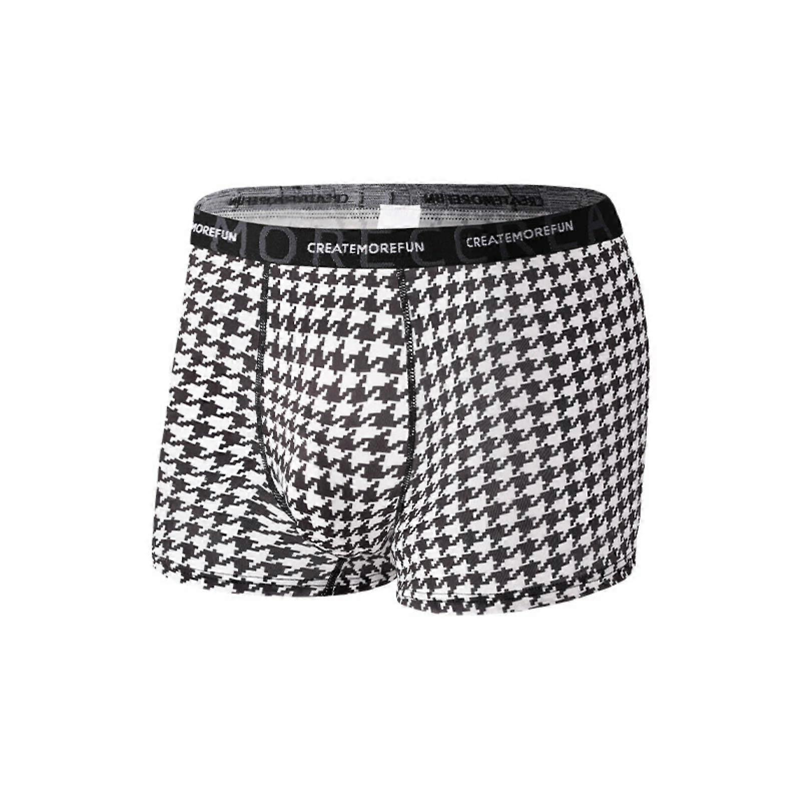 Houndstooth Boxer Shorts for Men Low Waist Ice Silk Underwear Comfortable Quick-Drying Lightweight Black Size M