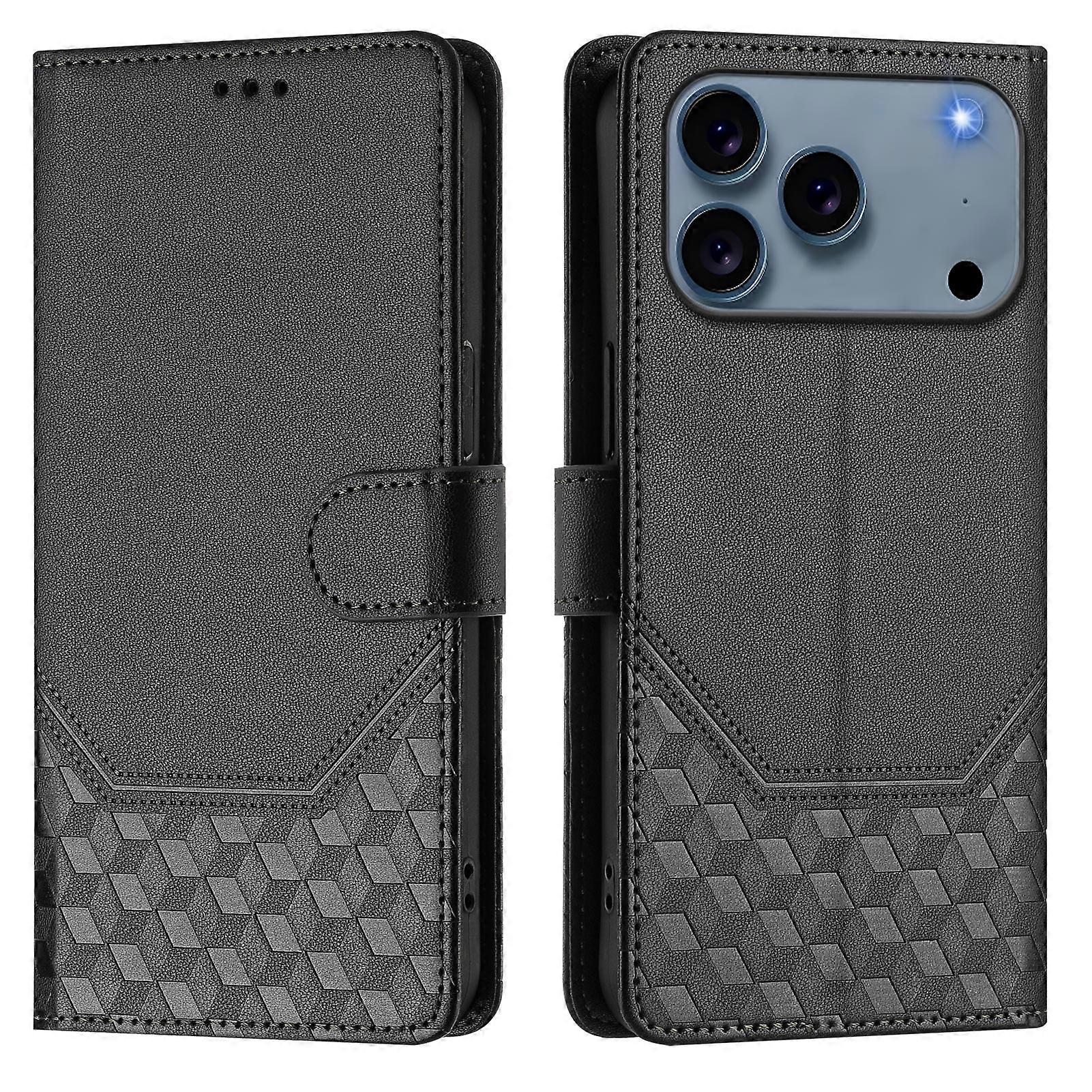 غطاء حافظات لجراب iPhone 17 Pro غطاء هاتف جلدي مطبوع على شكل قرص العسل RFID مع حزام - أسود
