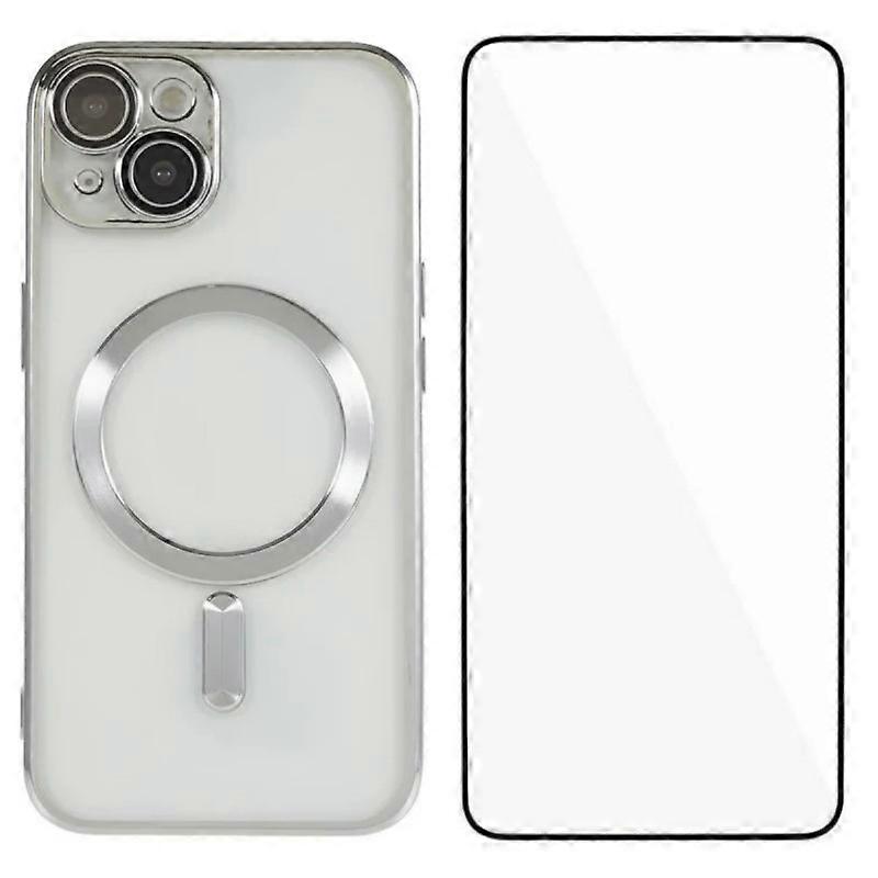 غطاء حافظات لهاتف iPhone 14 جراب مغناطيسي WANLONFENG غطاء TPU مطلي بالكهرباء بحماية كاملة مع زجاج مقسى - فضي