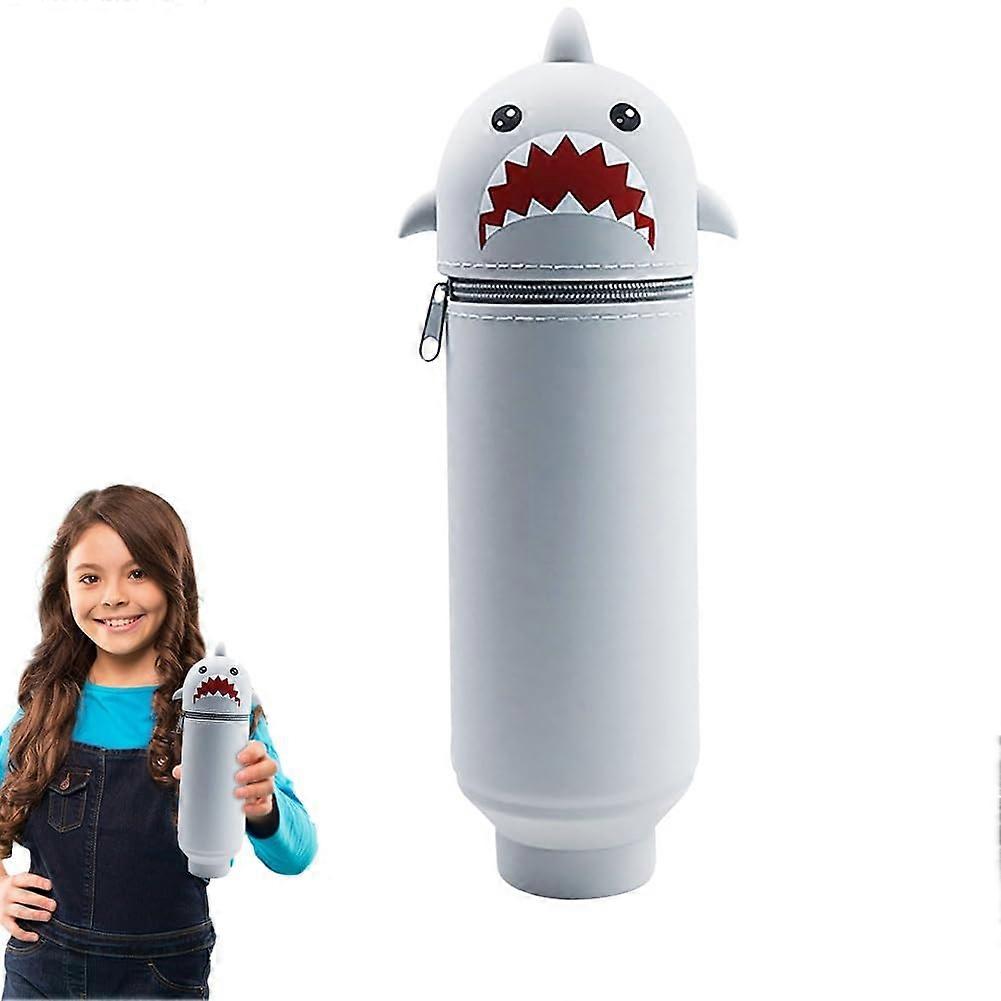 2-in-1 Kawaii Soft Silicone Pencil Case for Girls and Boys, Gray Cartoon Stand Up Pen Holder with Zipper and Animal Design