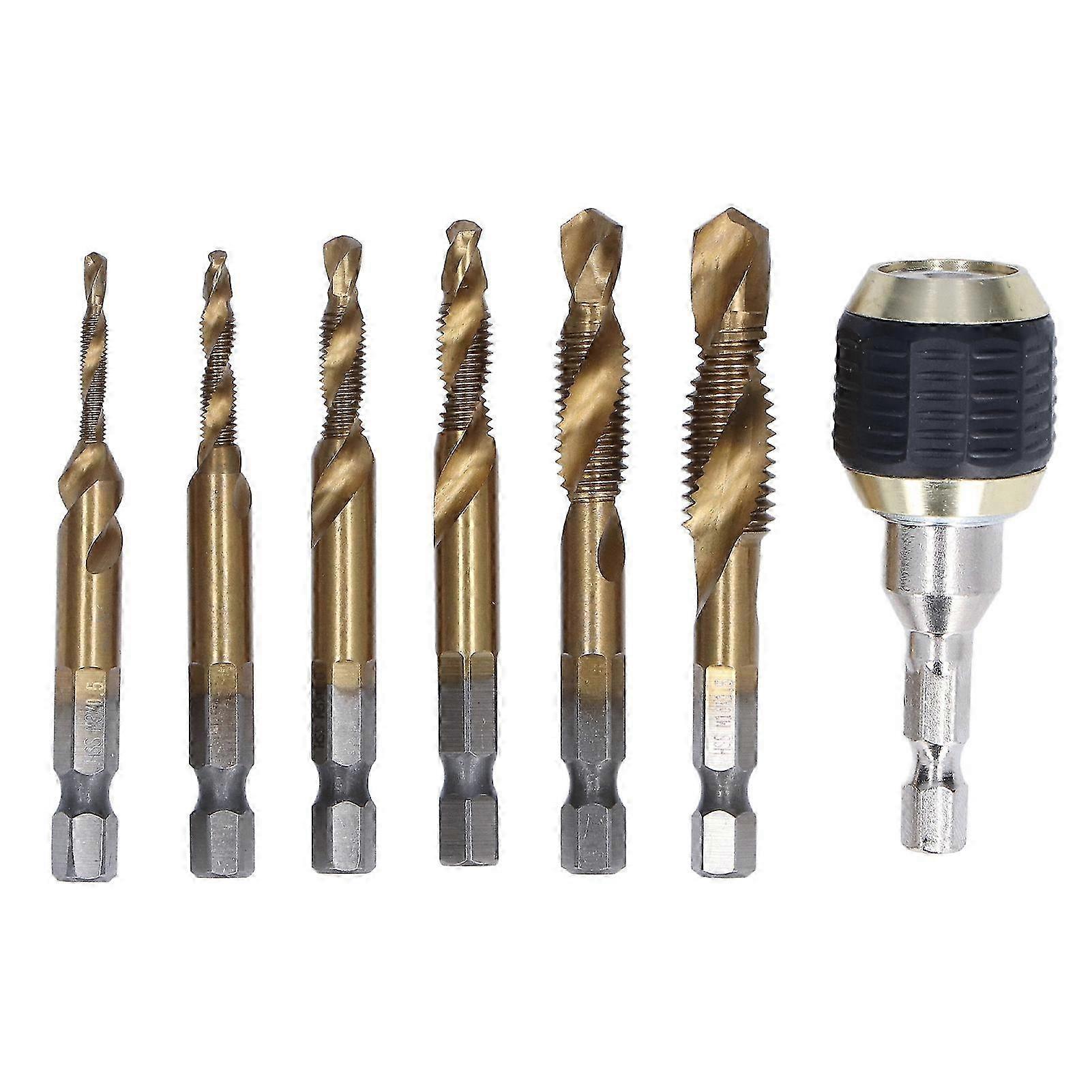 7Pcs/Set Spiral Combination Tap High Speed Steel 1/4in Hex Shank Taps Drill for Tapping Suitable for Titanium Plated Tap