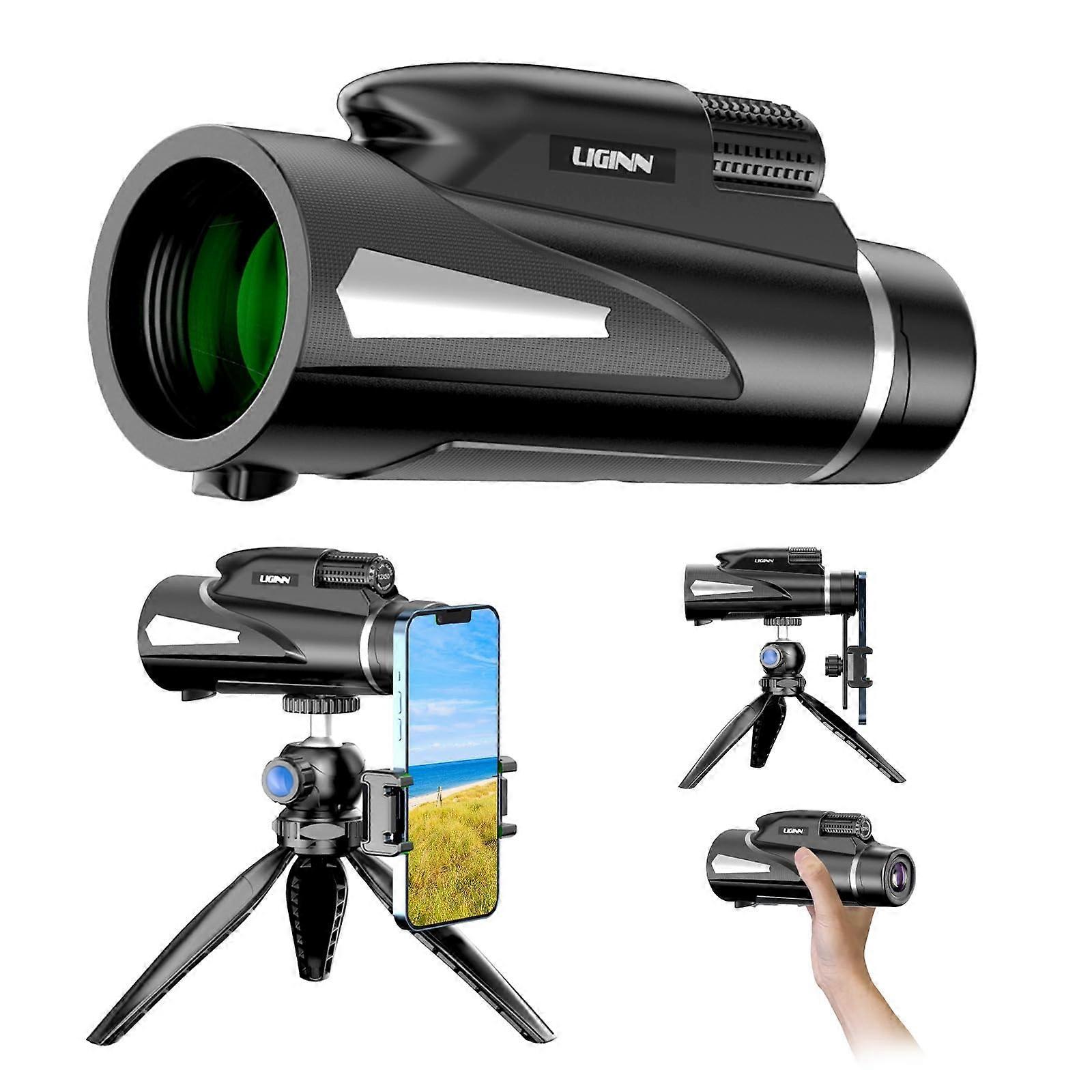 Monocular Telescope 12x50 Waterproof With Smartphone Holder And Tripod, Compact Black For Bird Watching Travel Hunting