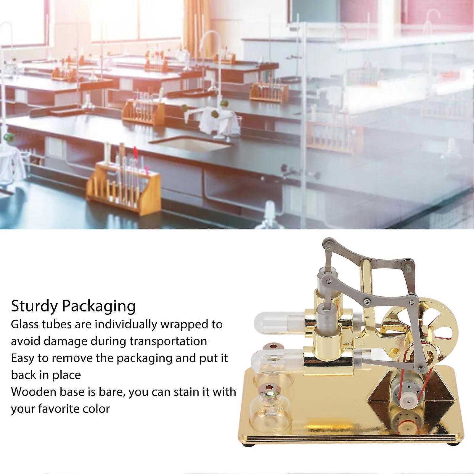 ستيرلنغ محرك نموذج كيت في وقت مبكر تعليمي مزدوج اسطوانة جميع المعادن قاعدة خشبية ستيرلنغ محرك نموذج المحرك لتجربة العلوم الفيزيائية الذهب