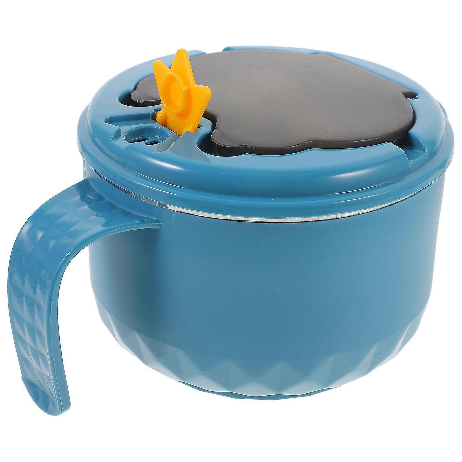 Blue Instant Noodle Bowl with Handle for Home Use Portable Soup Cup Made of Stainless Steel and PP 3.5 Inch