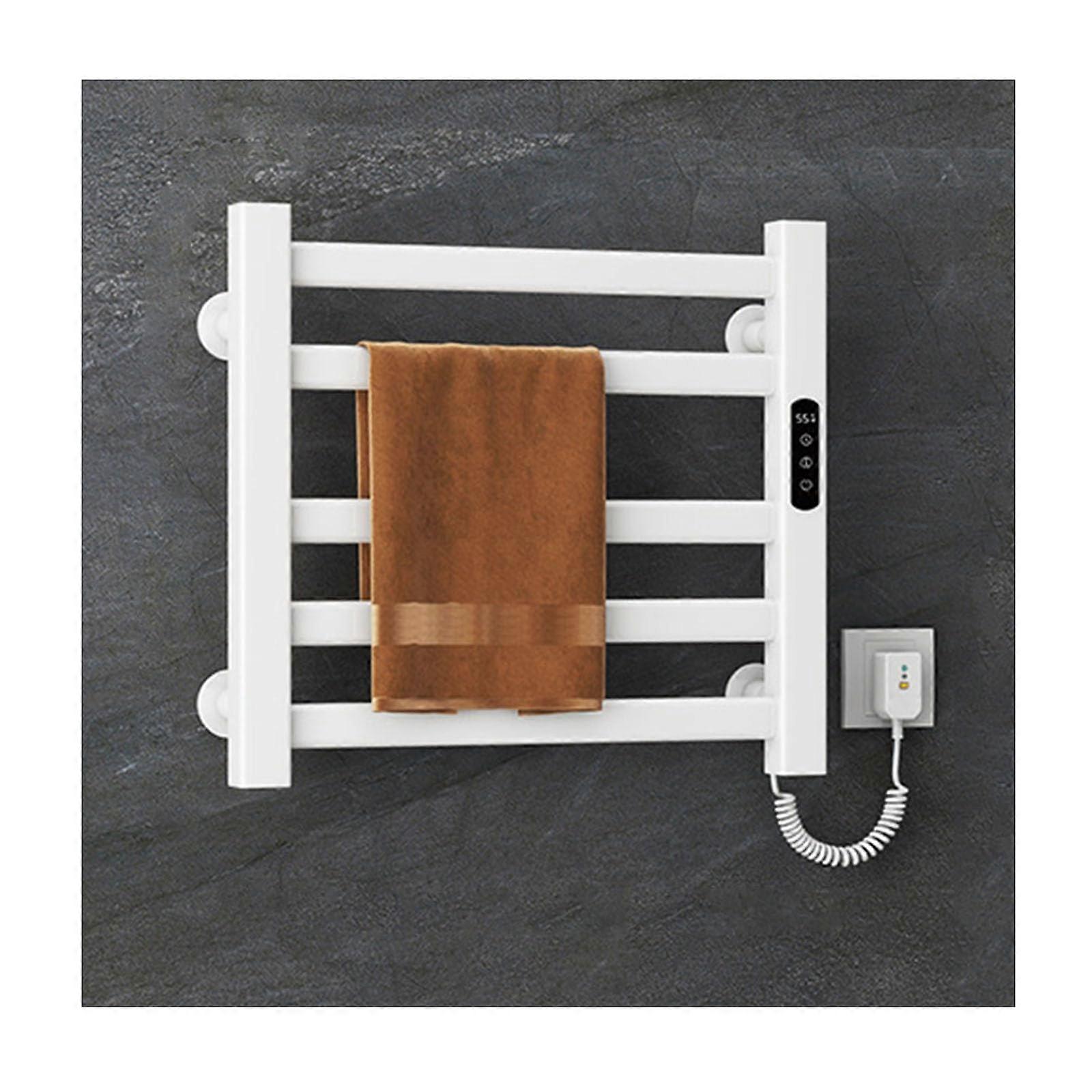 Energyefficient heated towel rack with timer, wallmounted heated towel dryer, plugin towel warmer with 5 bars for bathroom, white, straight line.