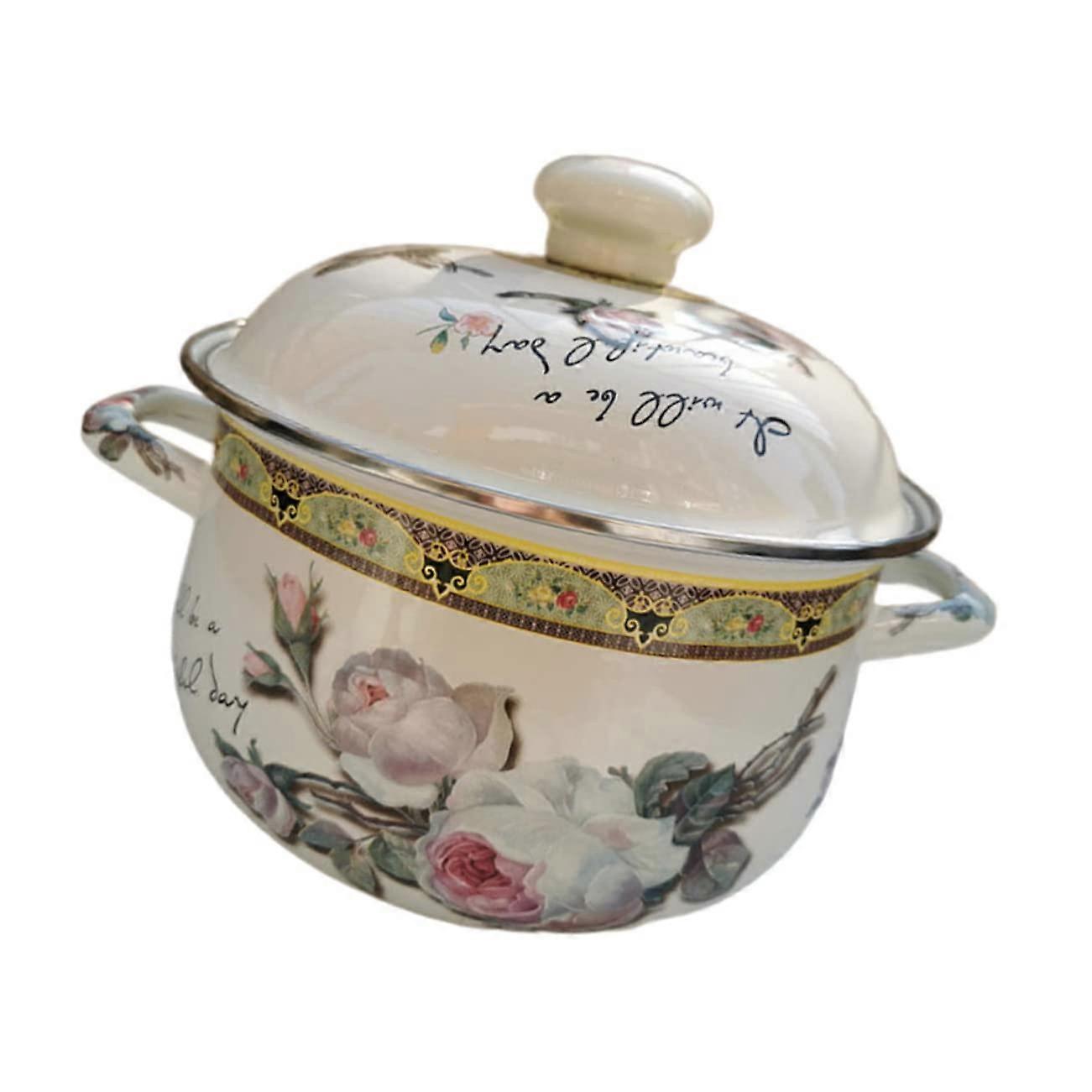 Enamel Stock Pot White Deep Cooking Pot 6 Quart Casserole Stew Pot with Flat Under Base Beige Enamel Finish