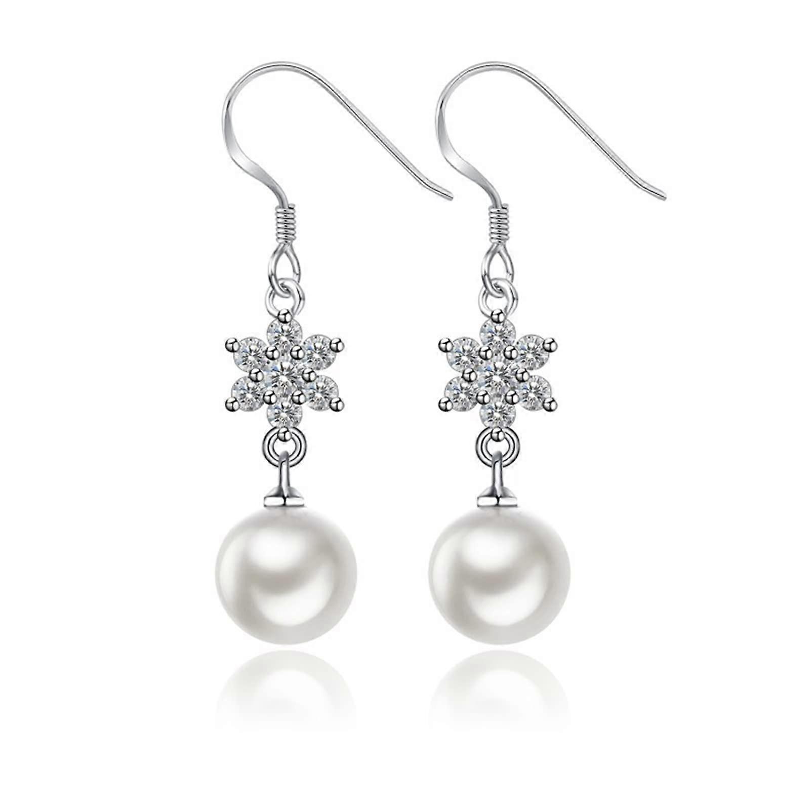 Women's Silver Earrings Nickel-Free White Gold Snowflakes with Pearl and Cubic Zirconia 38x10mm