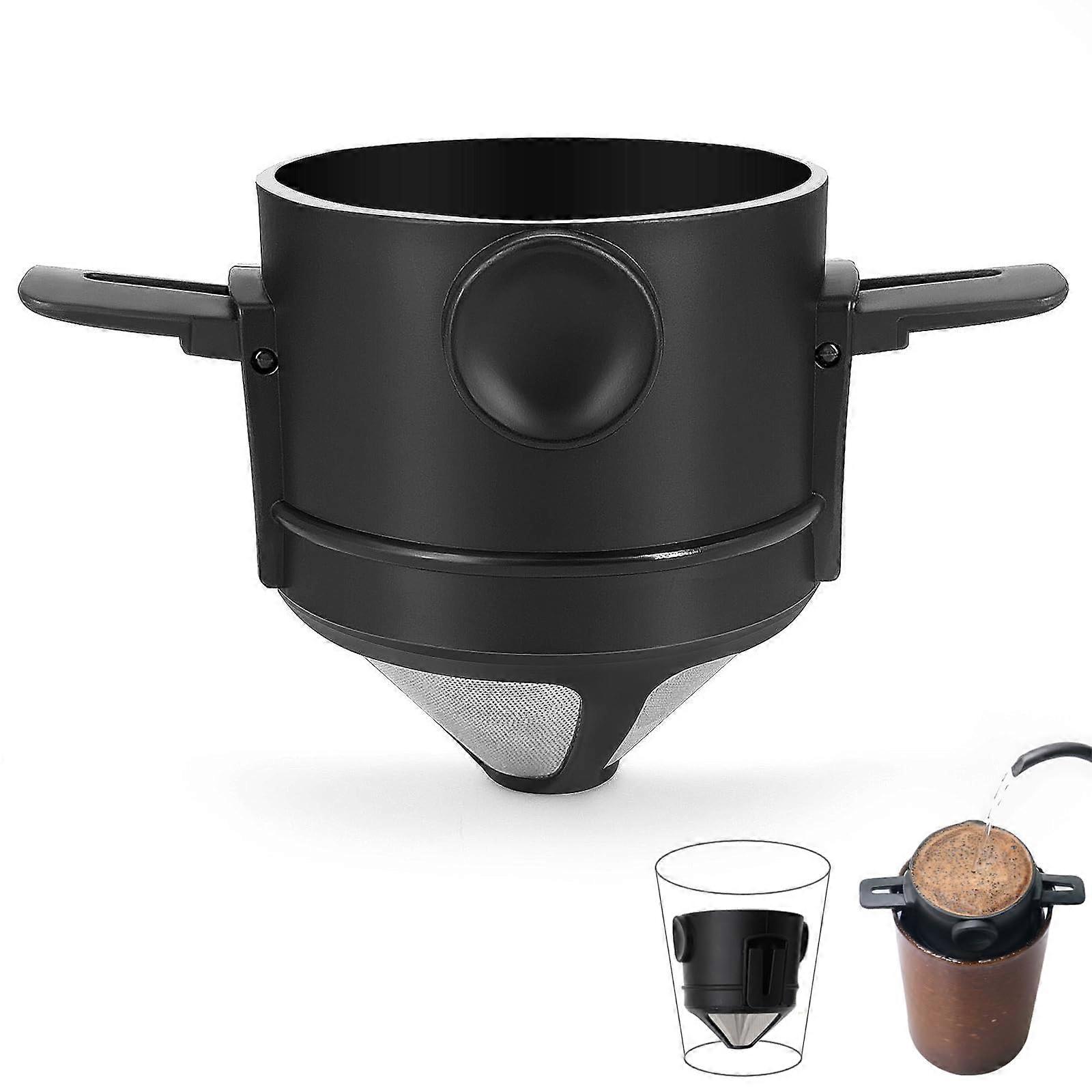 Reusable Pour Over Coffee Dripper - Portable Stainless Steel Cone Filter with Collapsible Holders for 1-2 Cups, Travel and Camping (Black)