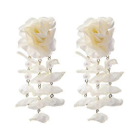 1 Pair Elegant Multi Layer Chiffon Lace Drop Earrings Long Layered Petal Sweet Girl Faux Pearls Dangle Earrings Jewelry Gift