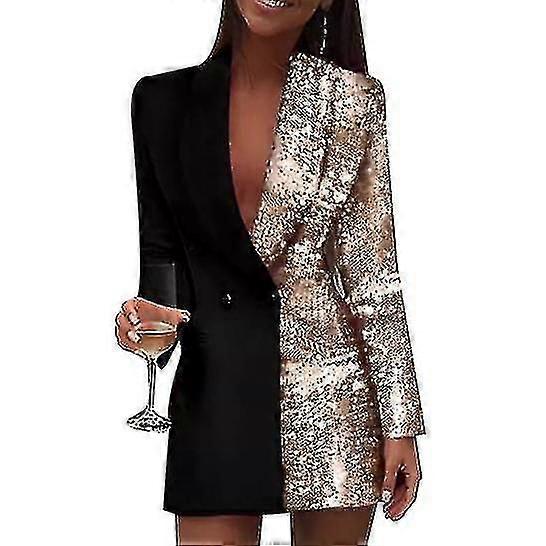 Mode Colorblock Paljetter Långärmad Dubbelknäppt Bodycon Blazer