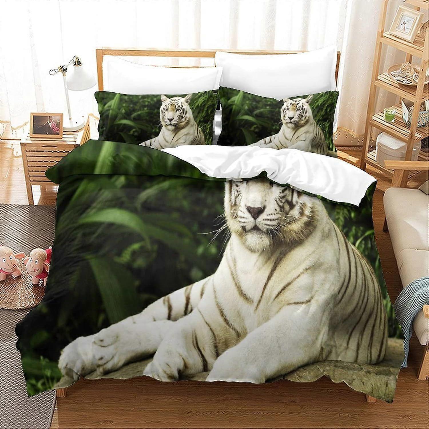 Single Duvet Cover Set White Tiger Printed Duvet Covers Single Size Bedding Sets Extra Soft Microfiber Easy Care Hypoallergenic 140x200cm