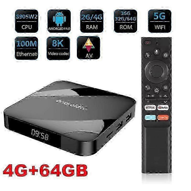 Bluetooth 5.2 ATV Android 14 Smart TV Box 4GB 64GB AV1 S905W2 Quad Core 2.4G&5G Dual WIFI Voice Remote Media Player 8K Set Top Box