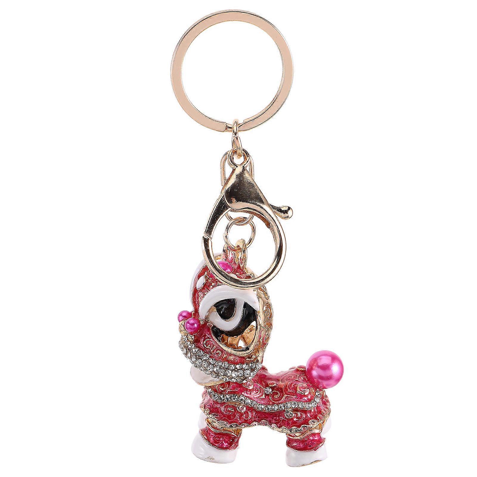 Traditional Chinese Lion Keyring For Car Keys Handbags And Mobile Phones In Sparkling Rosy Alloy 1Set