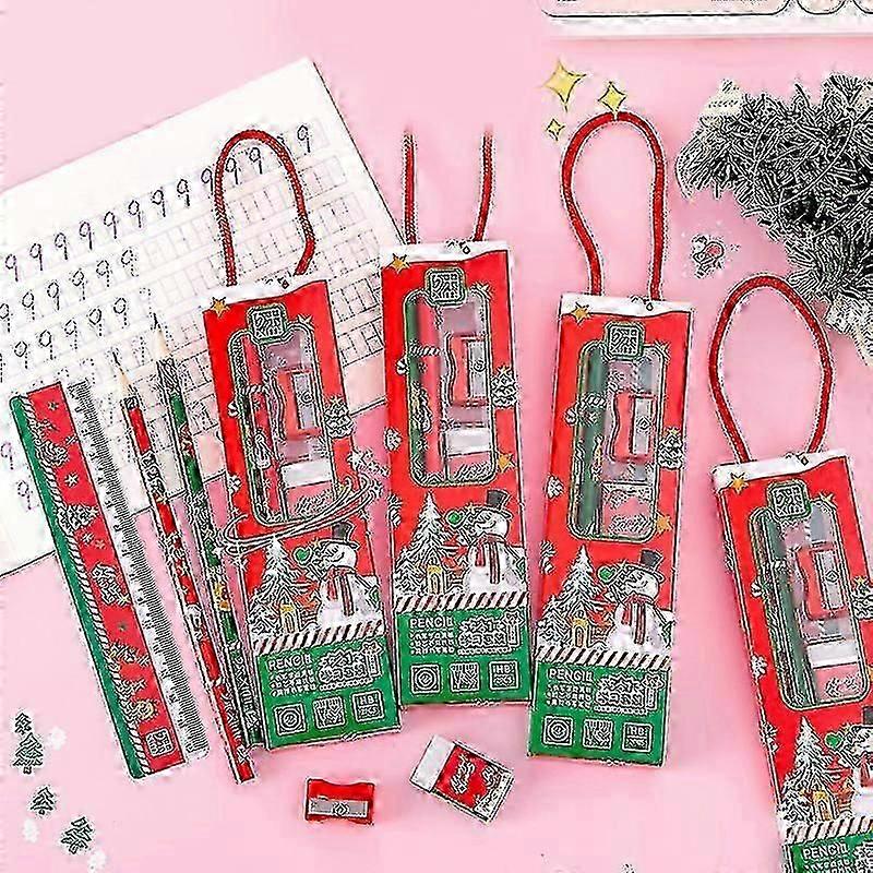5pcs Christmas stationery set pencil ruler eraser sharpener pack