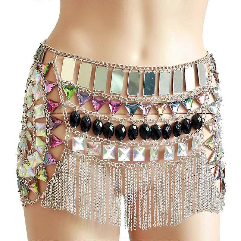 Acrylic Beaded Bikini Chain Skirts Silver Chain Fringe Body Jewelry Festival Wear