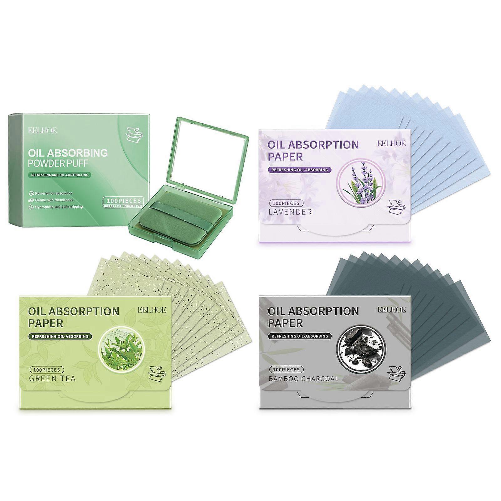 EELHOE Portable Oil-Absorbing Sheets with Powder Puff and Mirror - Refreshing, Oil-Controlling, Makeup-Touching, 8g