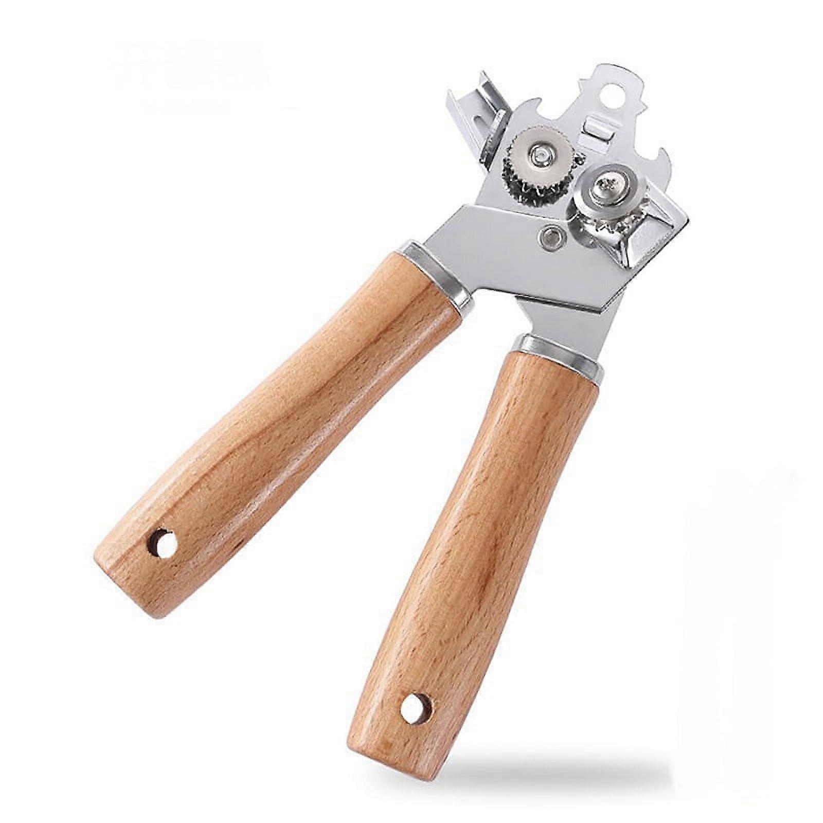 Qtmnekly Metal Can Opener Manual with Wooden Handle, Hand Can Opener with Blade Smooth Edge, Handheld Can Openers