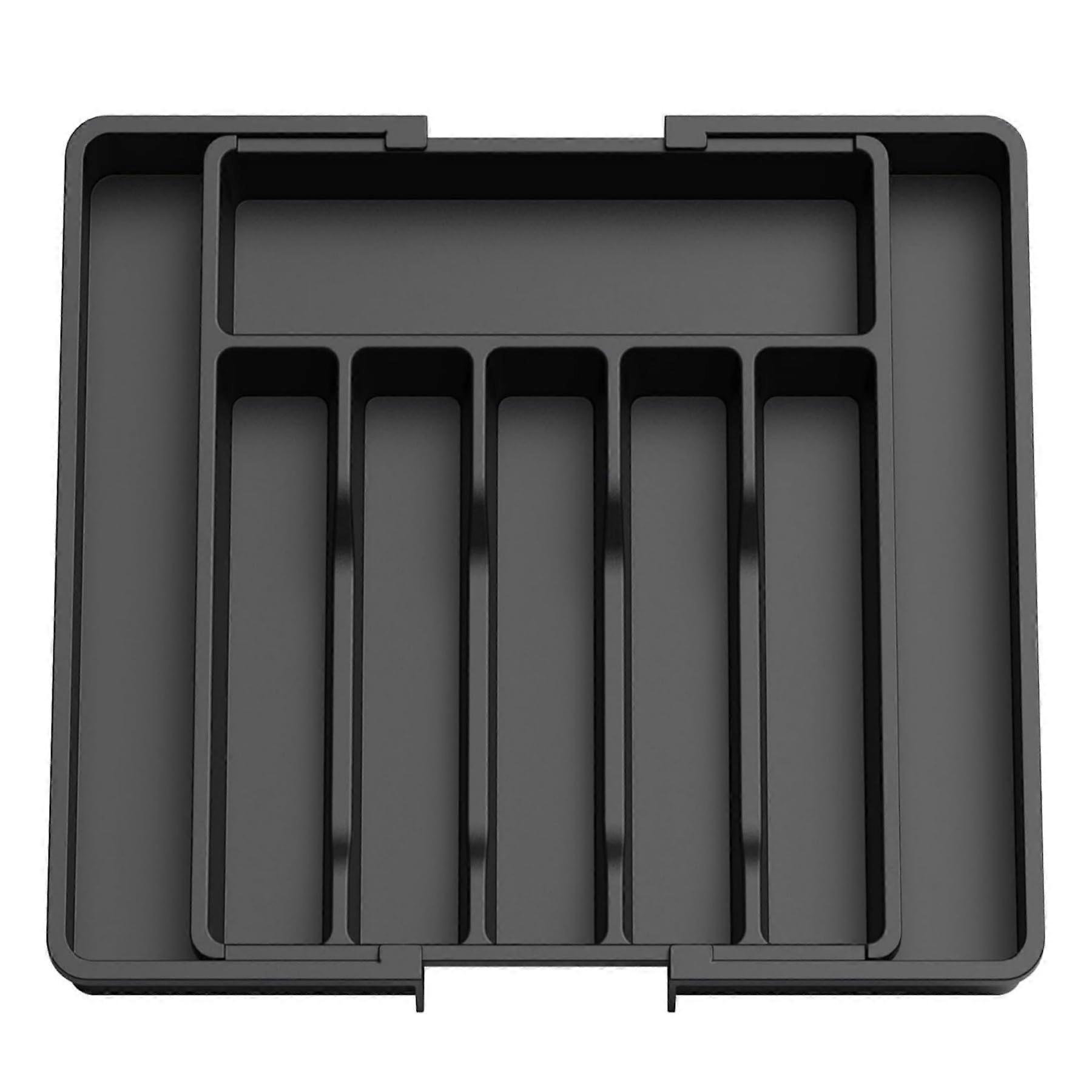 Silverware Drawer Organizer with Adjustable Compartments, Durable Black Utensil Tray for Kitchen