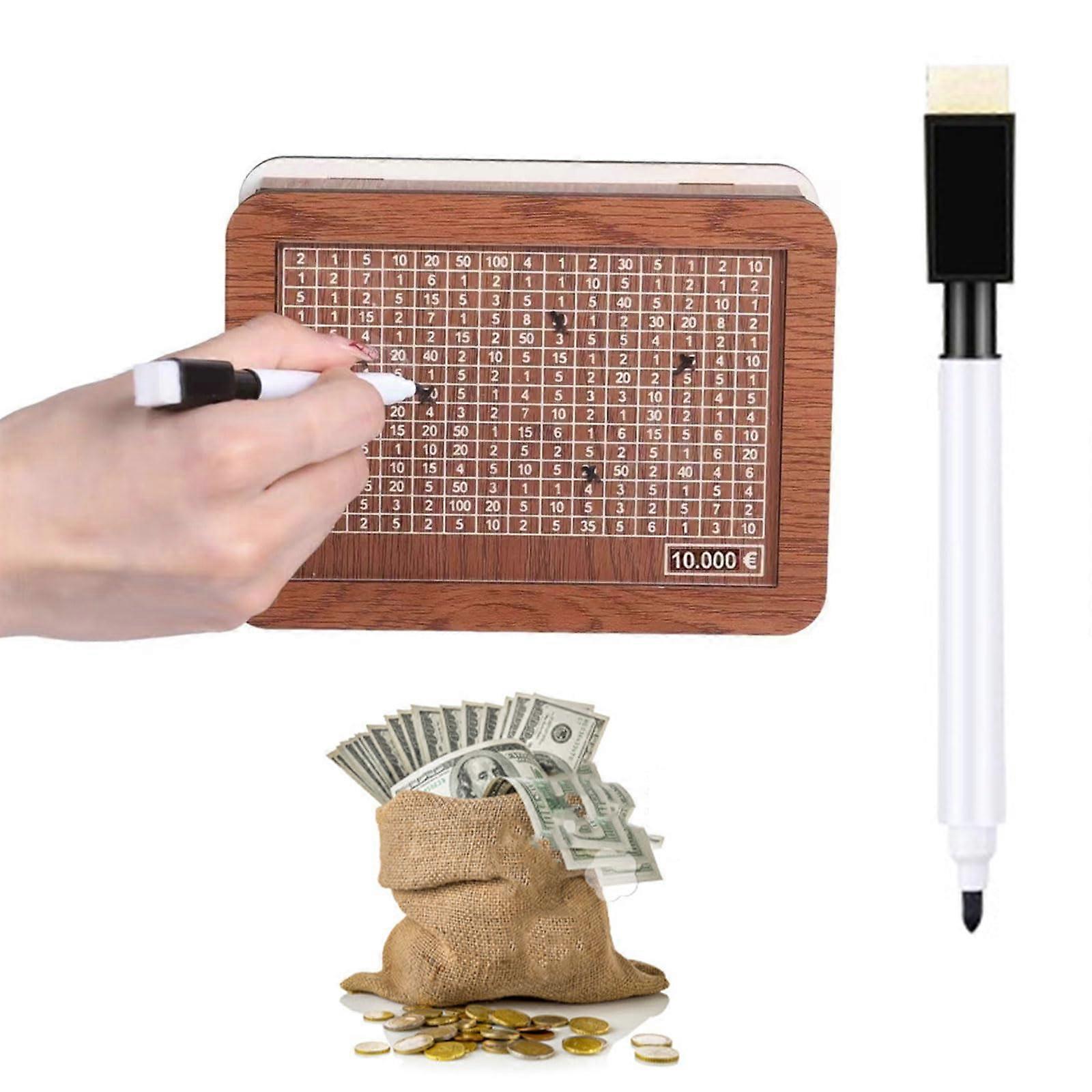 Wooden Money Saving Box with 10,000 Target Numbers, Reusable Cash Coin Jar for Home Savings