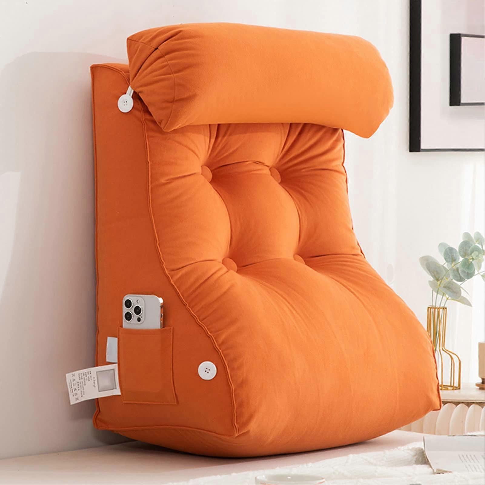 Ergonomic Reading Pillow with Lumbar Support, Velvet Backrest Cushion for Bed and Sofa, Orange 45×55cm with Adjustable Neck Pillow and Side Pocket