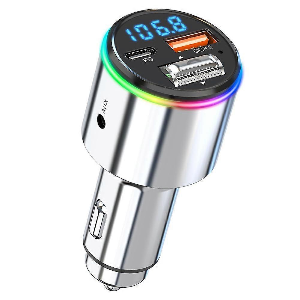Bluetooth FM Transmitter with Bluetooth 5.3, Dual Fast Charging, HiFi Bass, 7Color LED Car Adapter
