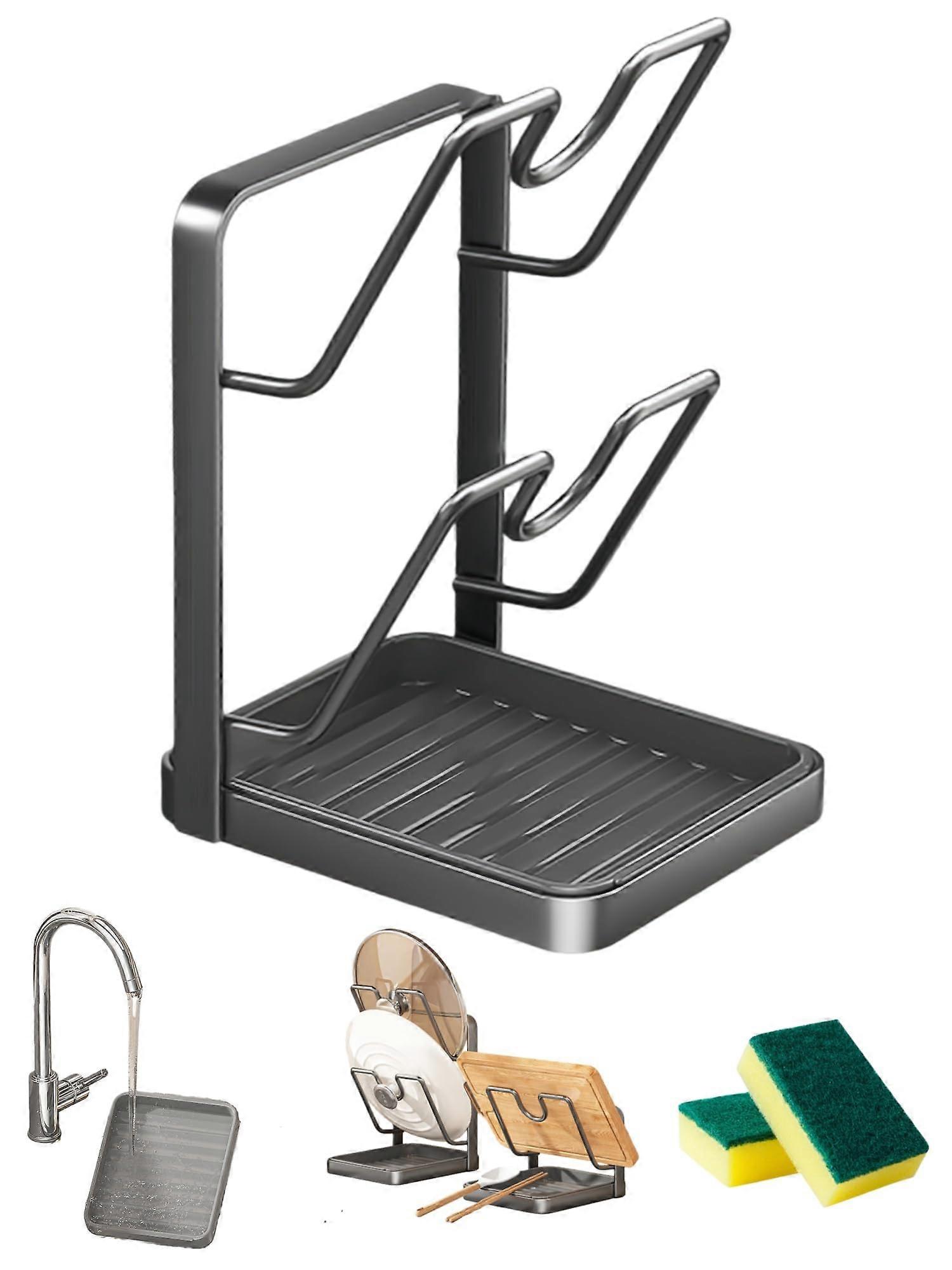 Pot Lid Organizer with Spoon Rest and Drip Tray, RustResistant Vertical Holder for Kitchen Counter