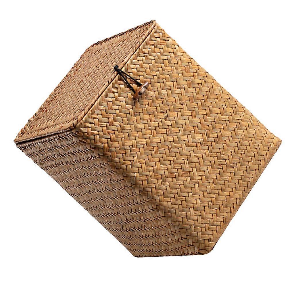 Khaki Woven Storage Box for Desktop Use Multi-Use Lidded Organizing Basket