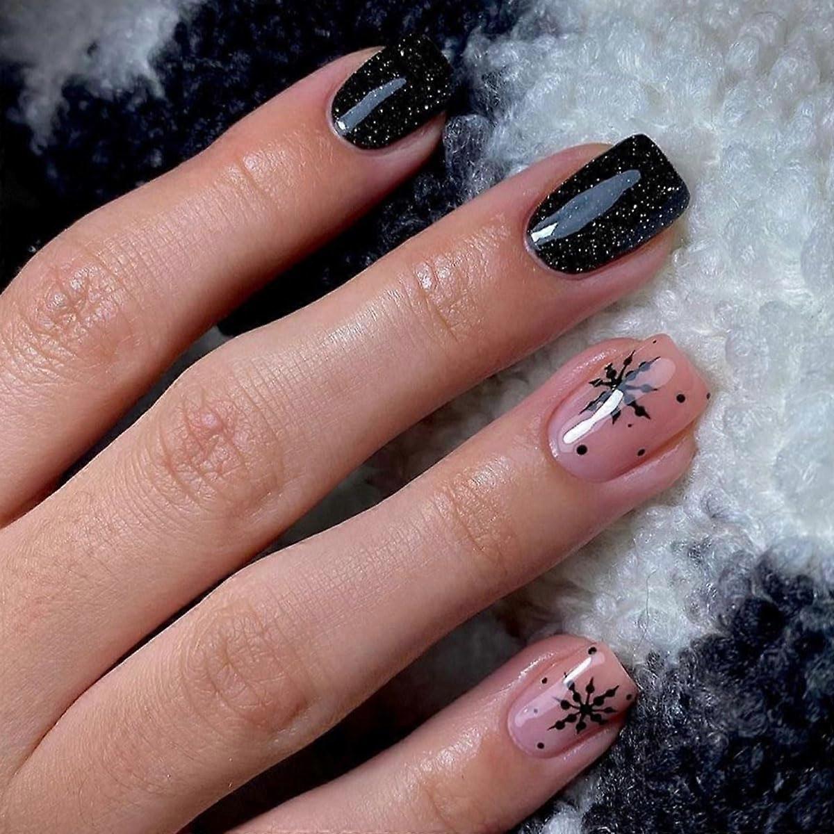 Extra Short Christmas Press On Nails Set with Black Glitter Snowflake Design, 24pcs Reusable Kit