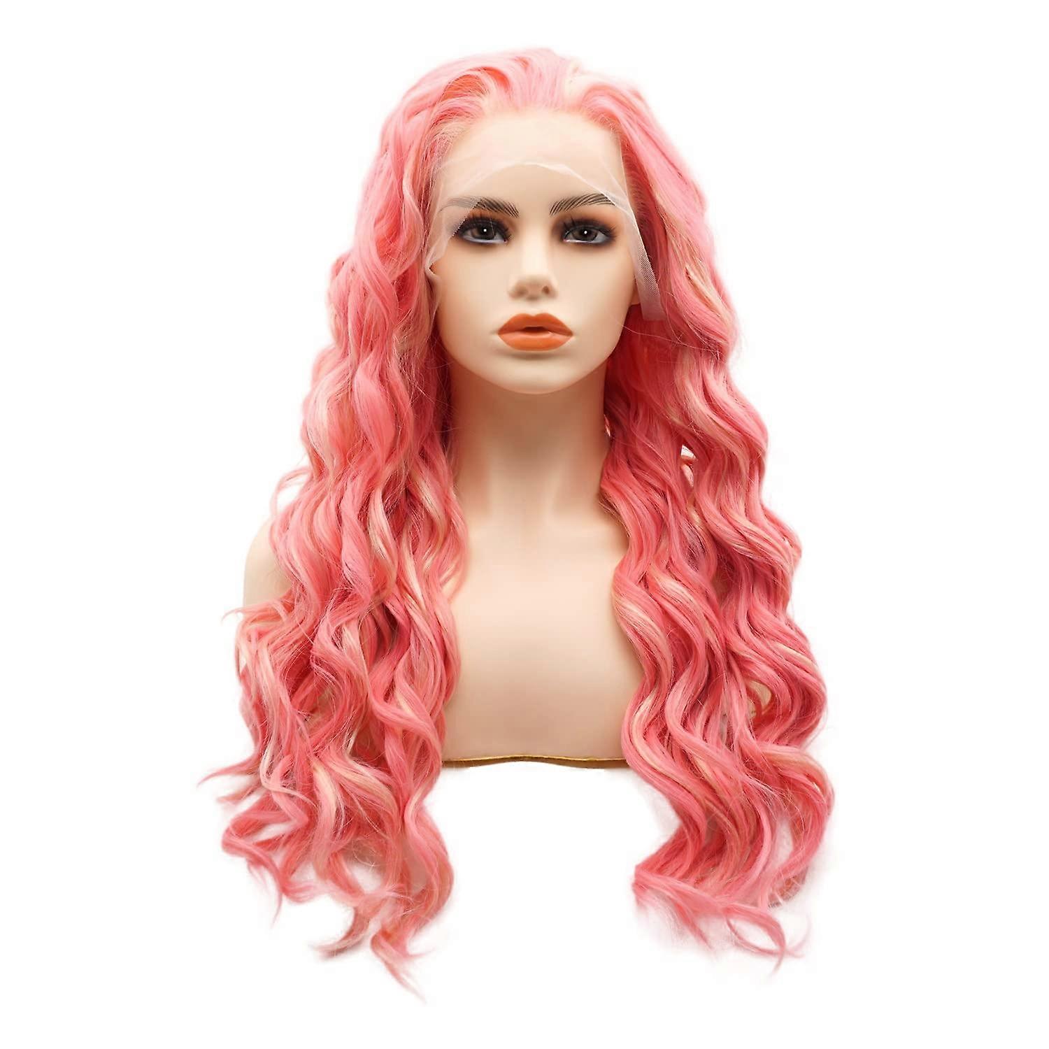 Peruca Lace Front Rosa Loiro de 24 Polegadas, Sintética, Longa e Ondulada, Densidade 150%, Resistente ao Calor.