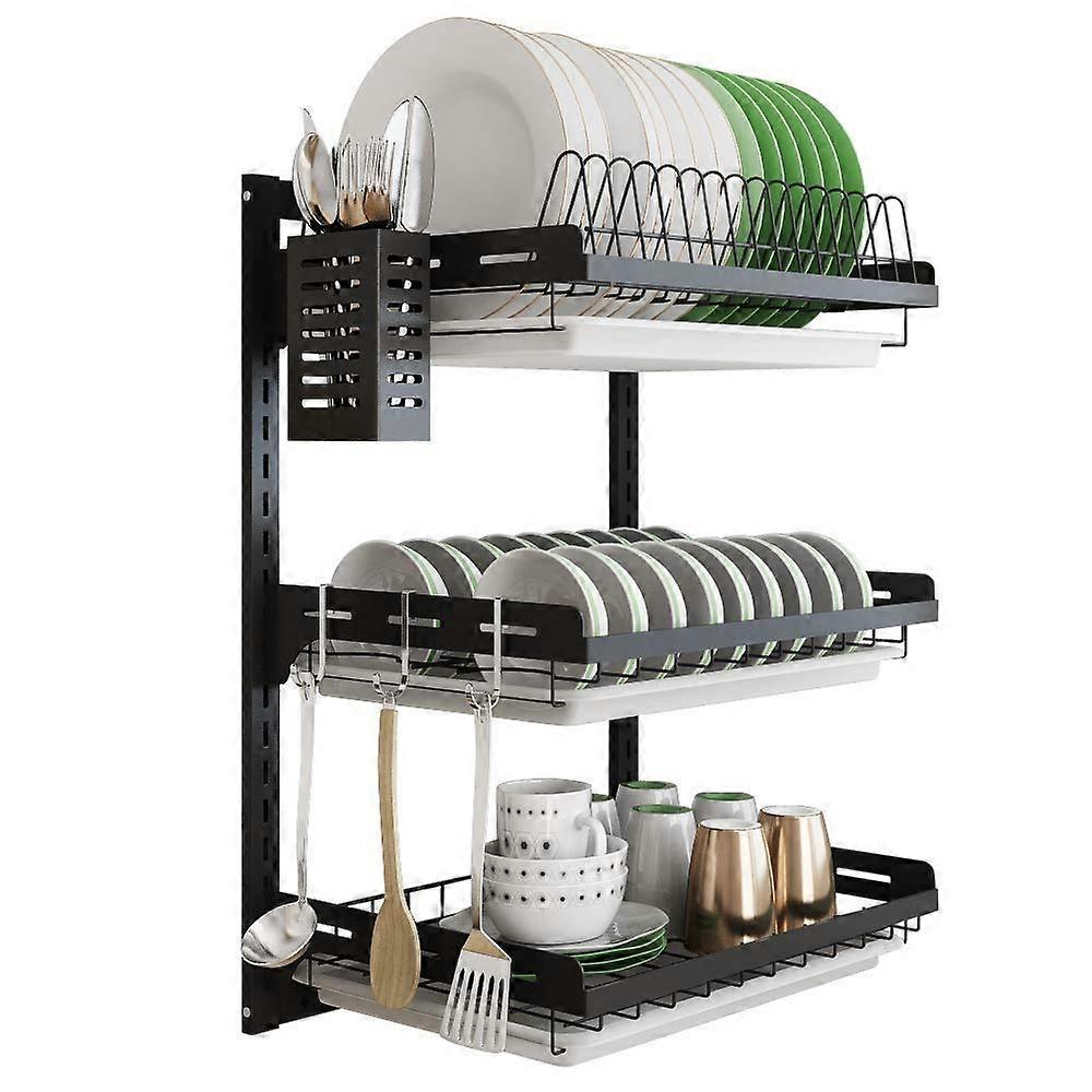 Wall Mounted Dish Drying Rack Stainless Steel Rust Resistant with Drain Tray for Space Saving Kitchen
