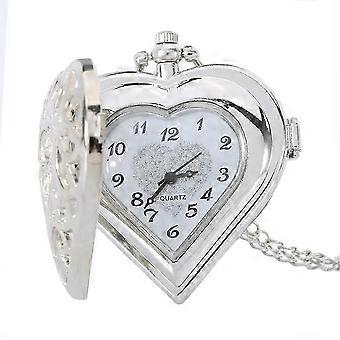 Vintage Heart Shaped Hollow Quartz Pocket Watch Necklace with Pendant Chain, Gift Clock for Women