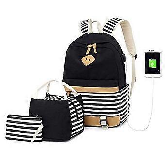 Skolryggsäck med USB-laddningsport för tonårsflickor, randig bokväska för laptop och tillbehör
