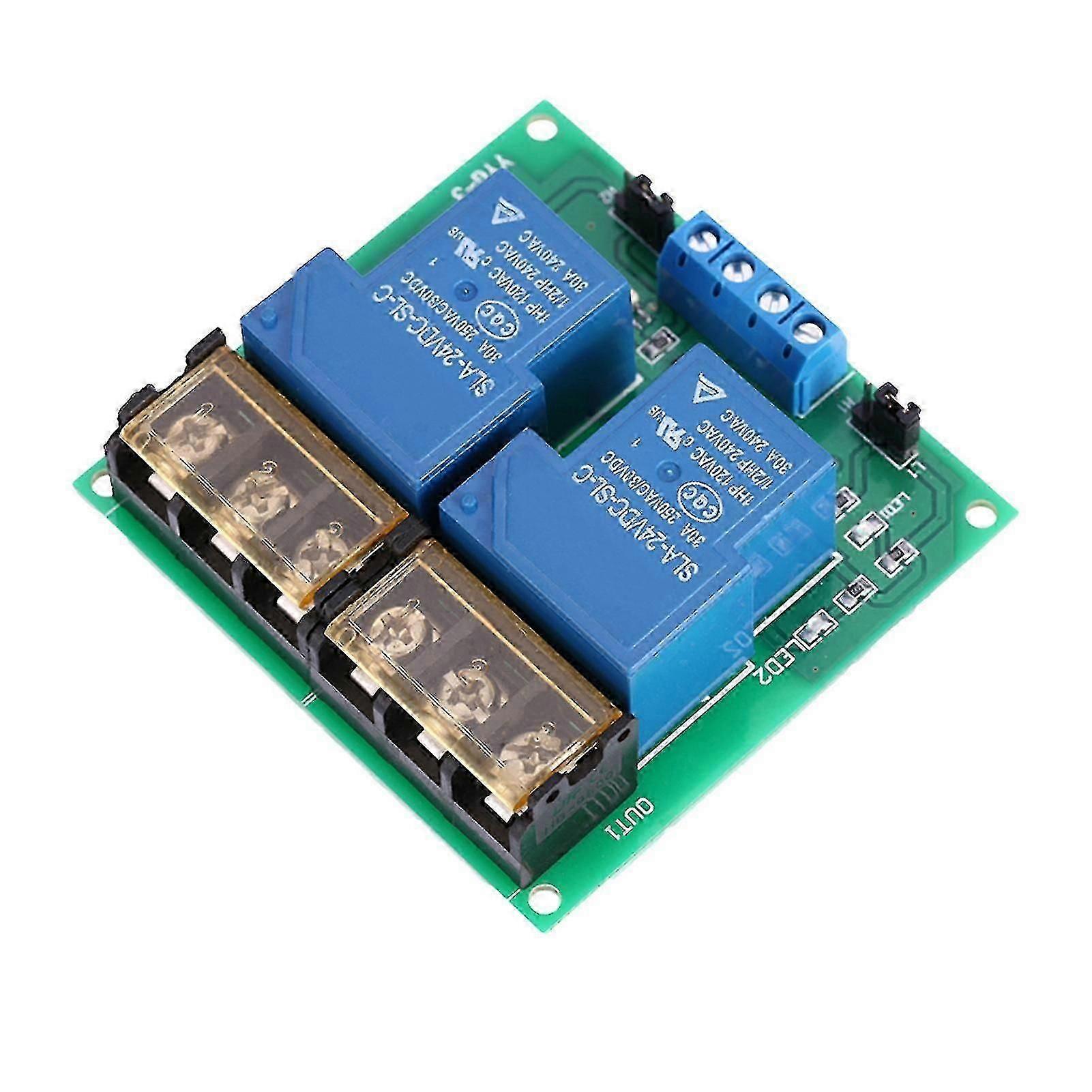 Módulo de relé de 2 canales, 24 V CC, 30 A con aislamiento por optoacoplador, placa de control de activación por nivel alto/bajo LR