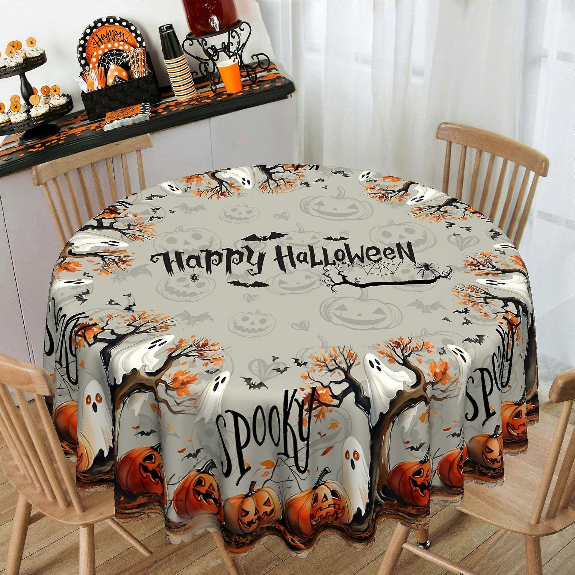 Halloween Party Table Decor featuring Orange Pumpkin Ghost Bat Pattern; Round & Rectangular Tablecloth.