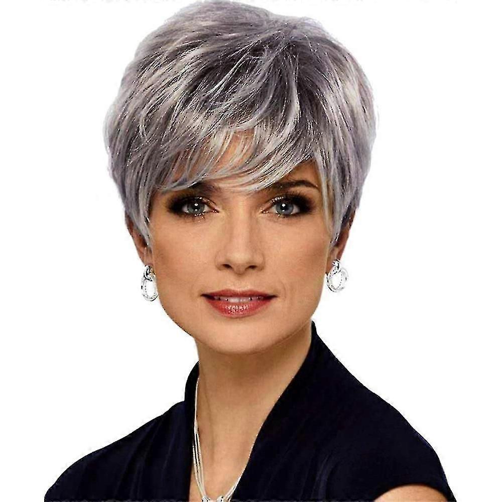 Natural Silver Grey Pixie Wig with Bangs Adjustable Cap