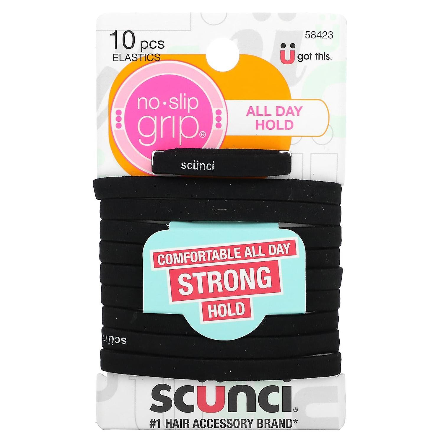Scunci, No Slip Grip Elastics, Comfortable, All Day Strong Hold, Black, 10 Pieces