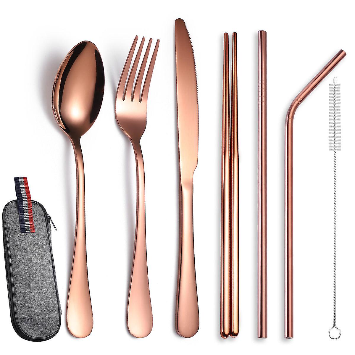 304 Stainless Steel Flatware Sets Portable Tableware Set Of Suit 7 Spork Chopsticks Straw Cleaning Brush